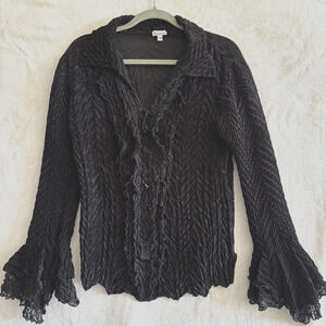 Komarov Top Blouse M Black Crinkle Burn Out Velvet Lace Whimsigoth Goth